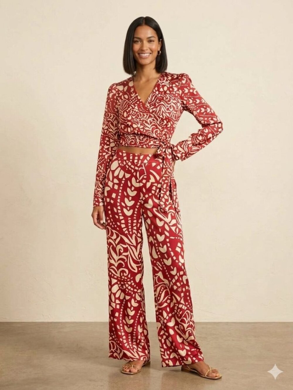 Joie Red & White Satin-like Abstract Print Two-Piece Matching Pant Set